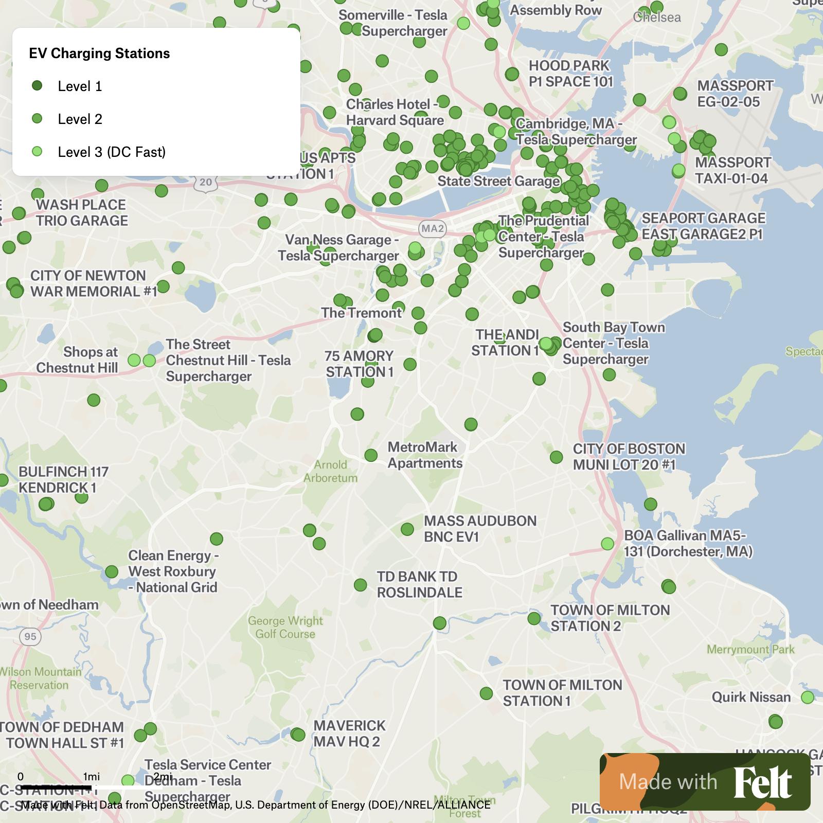 Electric Vehicle Charging Stations in the city of Boston, Massachusetts