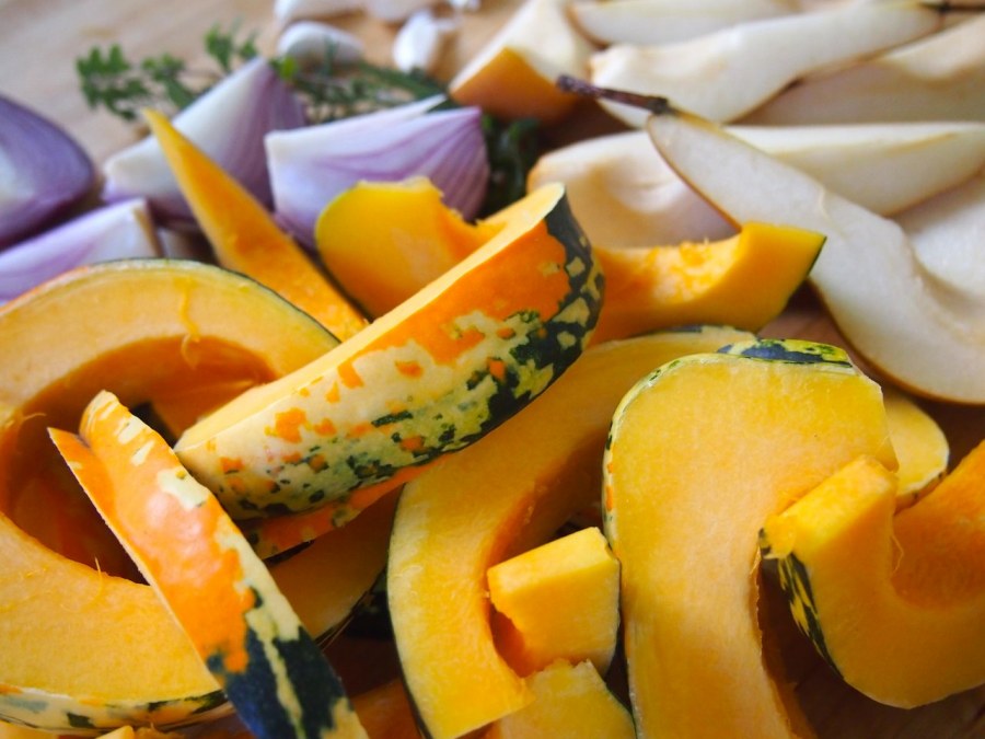 roasted carnival squash with pears and red onion what i do