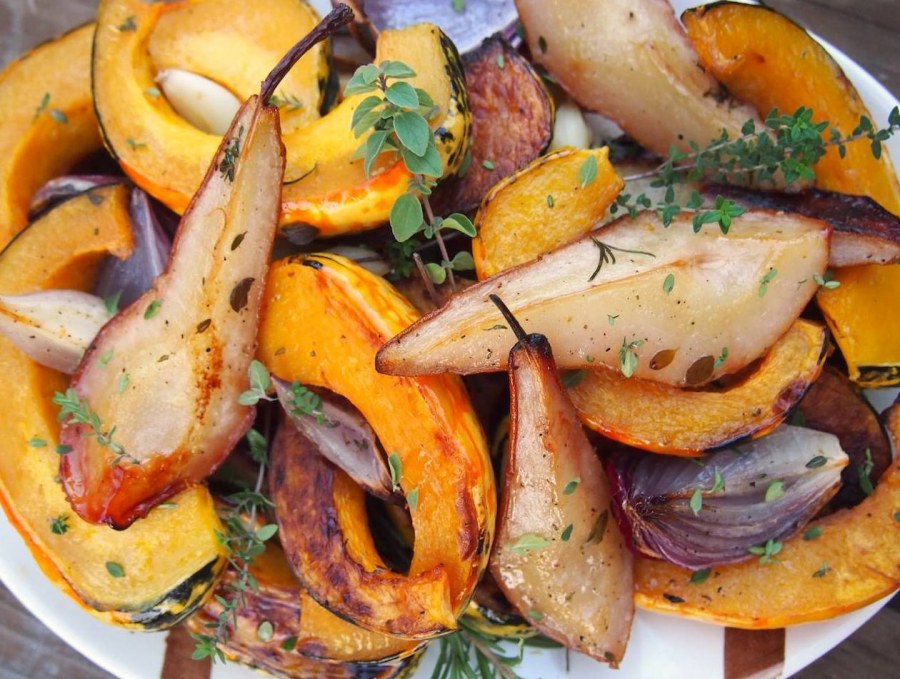 roasted carnival squash with pears and red onion what i do