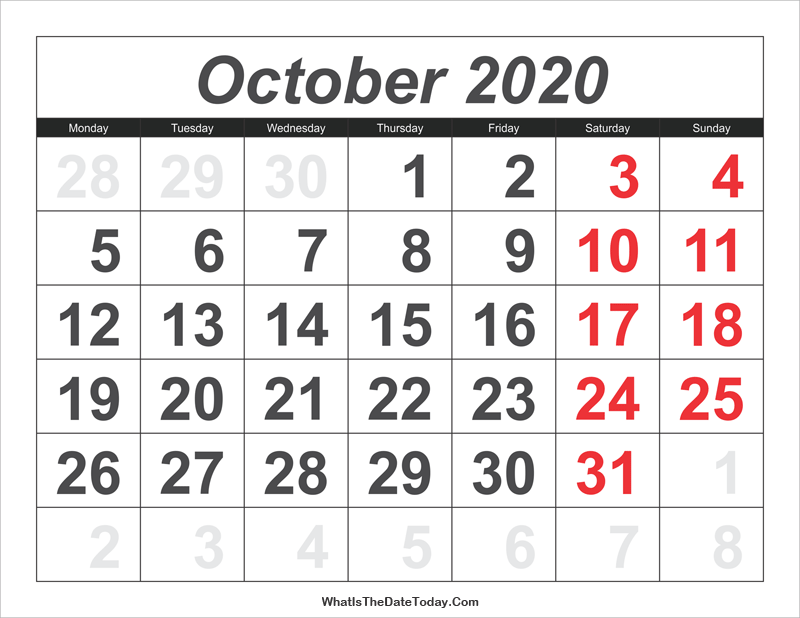 2020 Calendar October with Large Numbers
