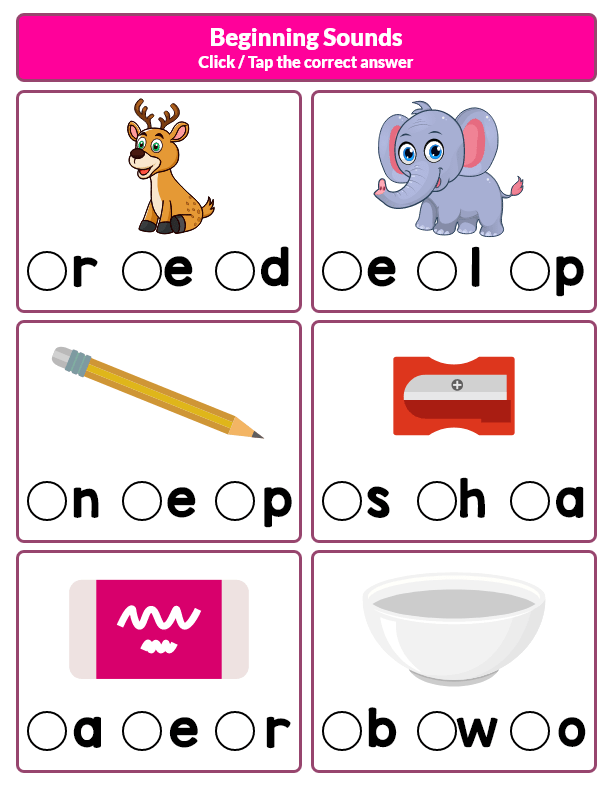 Phonics worksheets: Find beginning sounds - Set 2 - Your Home Teacher