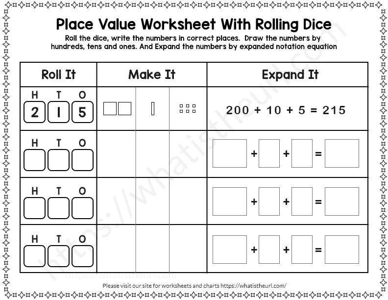 Place Value Worksheets with Dice Rolling Roll, Draw and Expand Your