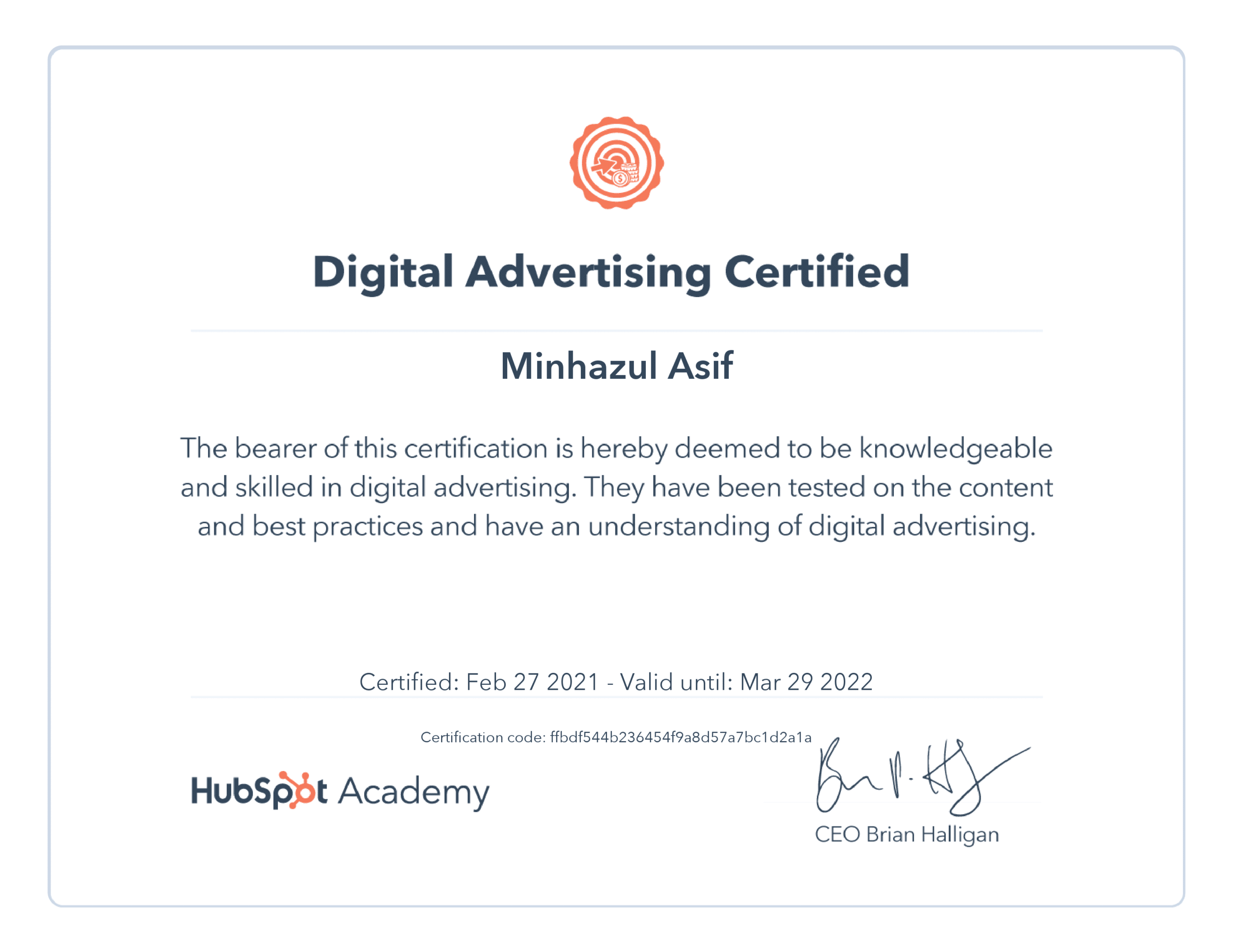 HubSpot digital advertising certification answers 2021 Minhazul Asif