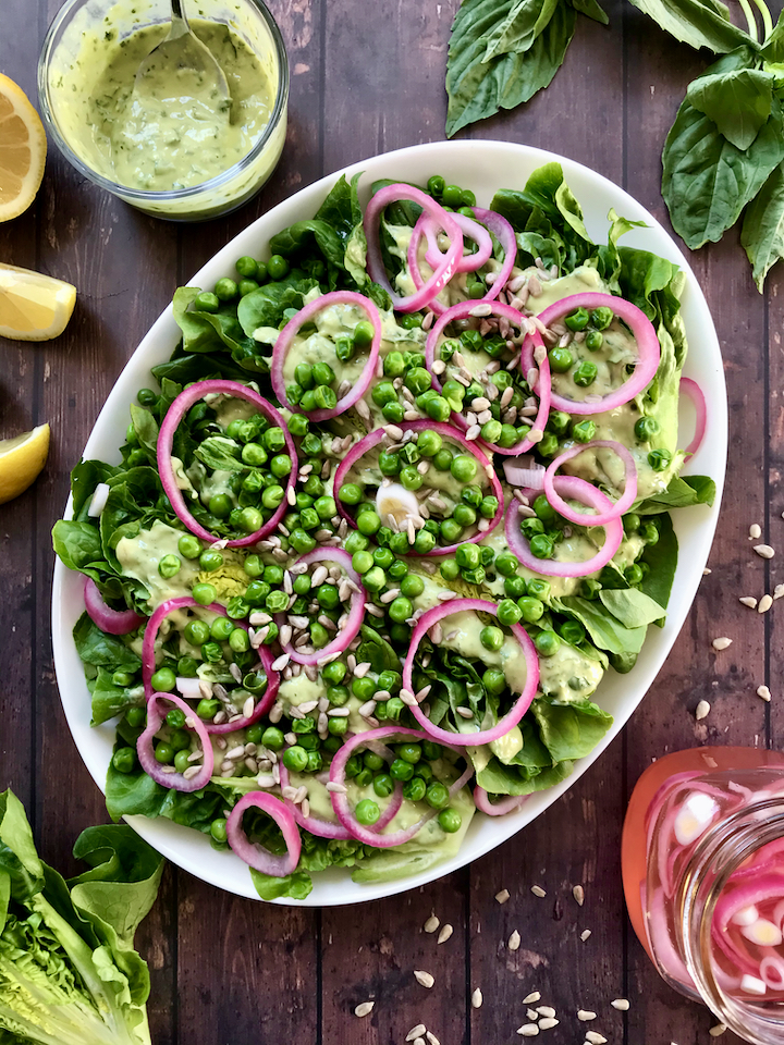 Little Gem, Pea, and Pickled Onion Salad with LemonBasil Avocado