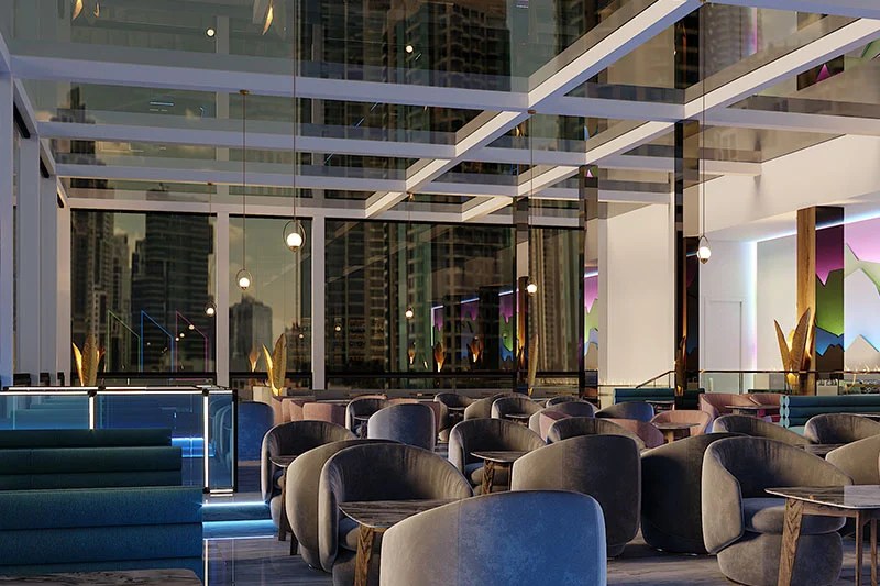 This funky new rooftop bar boasts exhilarating views of Burj Khalifa