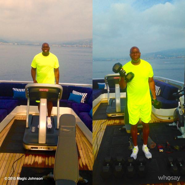 Here’s Magic Johnson Lifting Weights on a Boat Dressed Like He’s Going