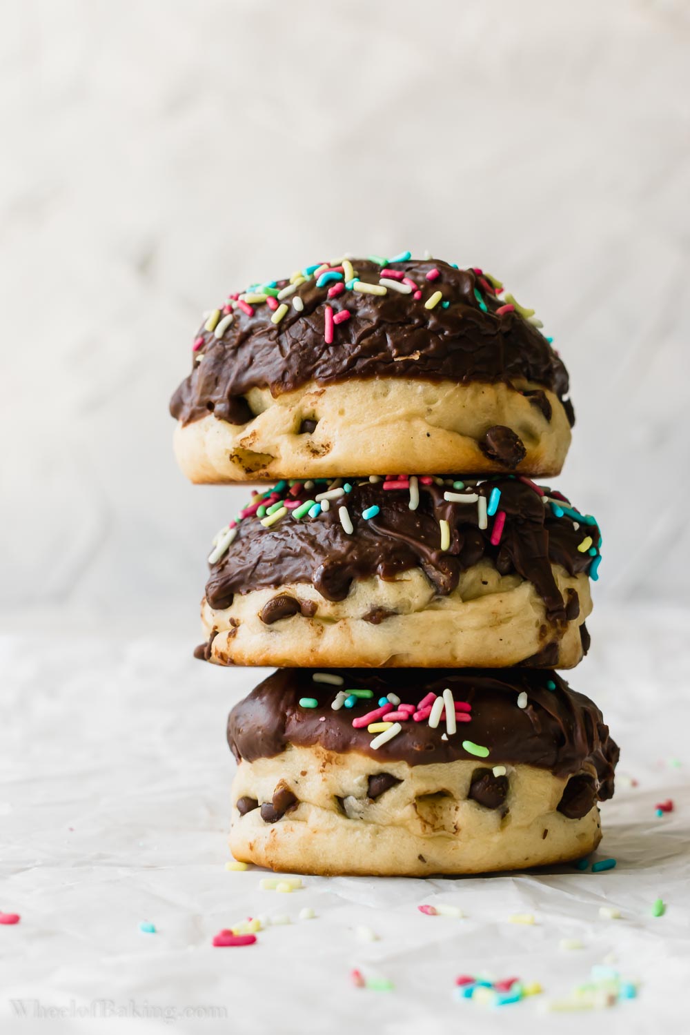 chocolate chip donuts with thick chocolate glaze decorated with sprinkles
