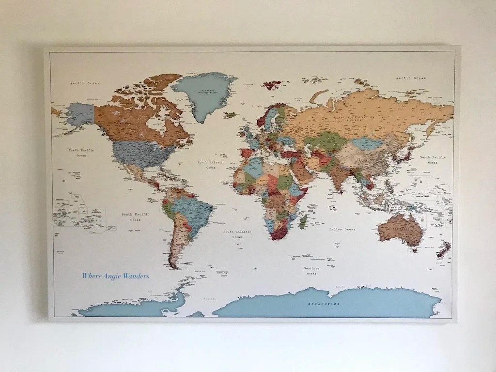 Push Pin Map, World Map, Travel Map, Document Your Travels Map, Canvas