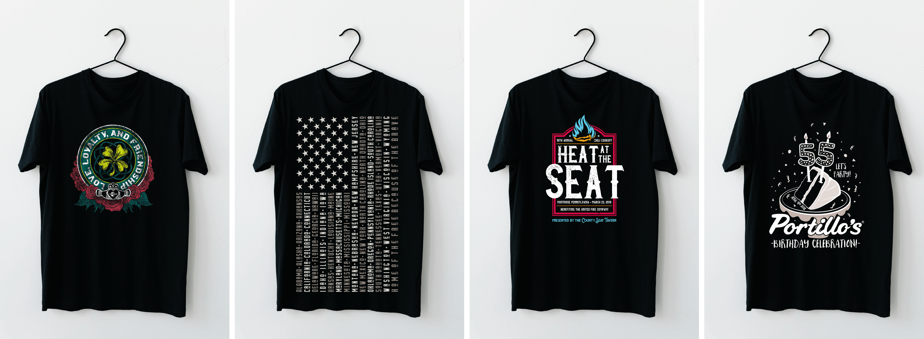 Screenprinted t-shirt designs from left to right: St. Patrick's themed t-shirt design for TeamWorld employees, Patriotic themed t-shirt design for TeamWorld employees, Chili Cook-off design made for The County Seat Tavern, 55th Birthday Celebration design made for Portillo's