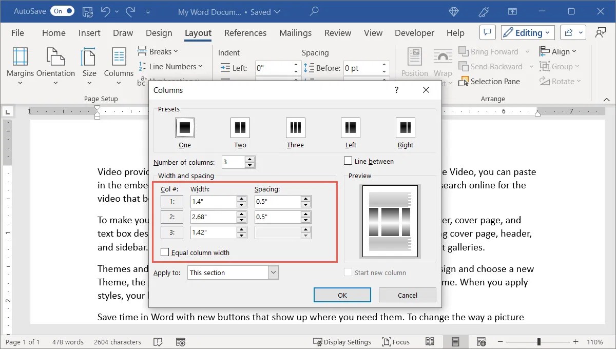 Microsoft Wordで列を追加および書式設定する方法