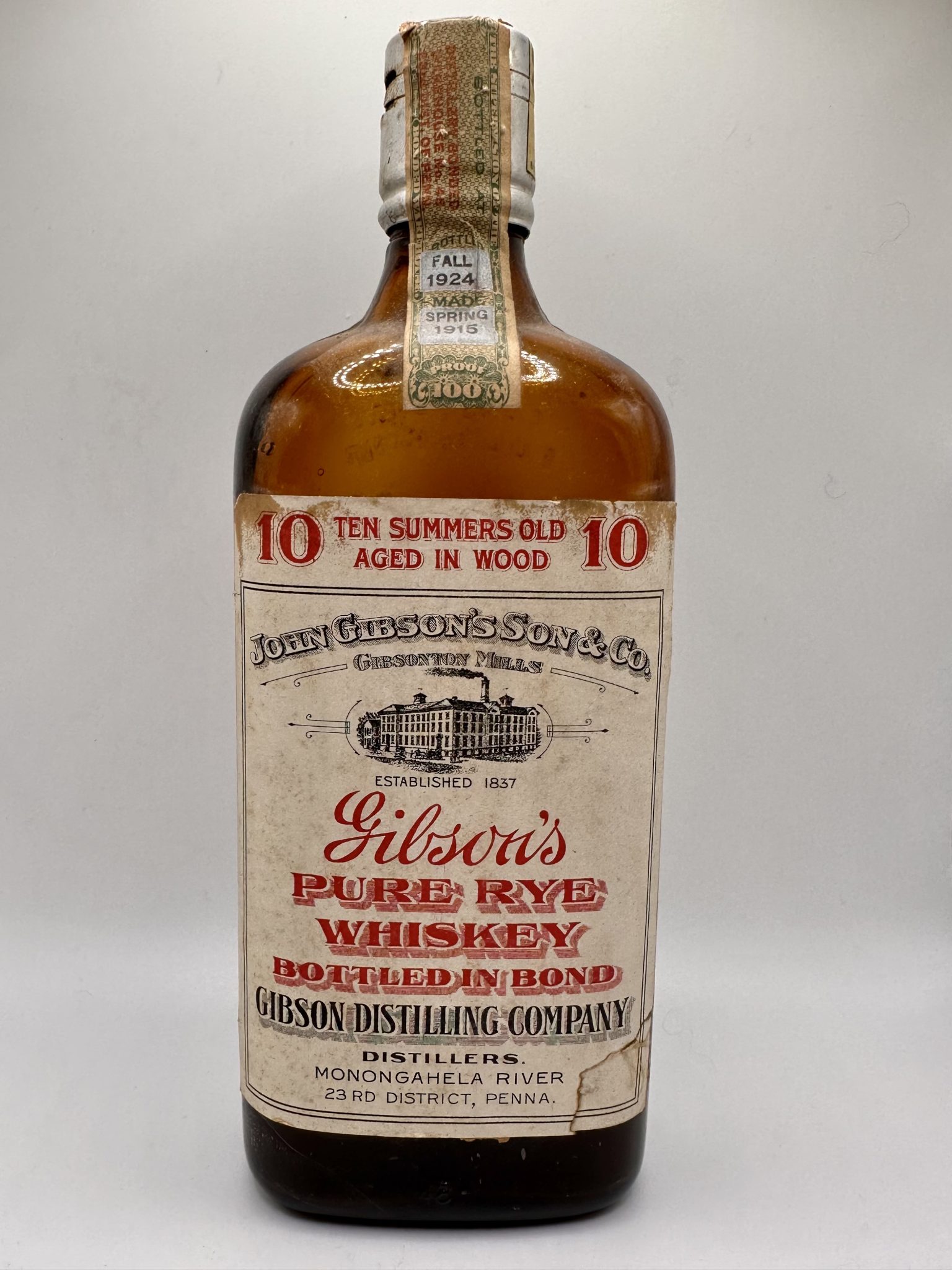 Gibson's Pure Rye Whiskey Pint Distilled Spring 1915 / Bottled Fall 1924 Whiskey Bent