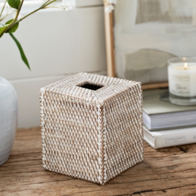 Whitewashed Rattan Tissue Box Cover Utility & Storage The White