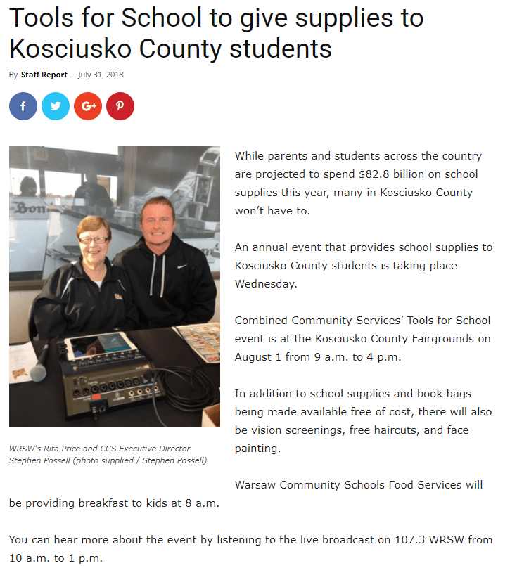 Tools for School to give supplies to Kosciusko County Students Whitko Community Schools