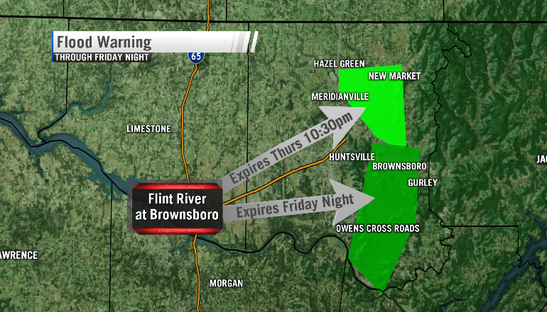 Flood warning issued for Flint River at Brownsboro, affecting Madison