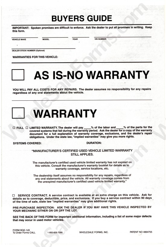 Manufacturer's Certified Warranty Plasticback (BGEEZ1D3) Wholesale Forms