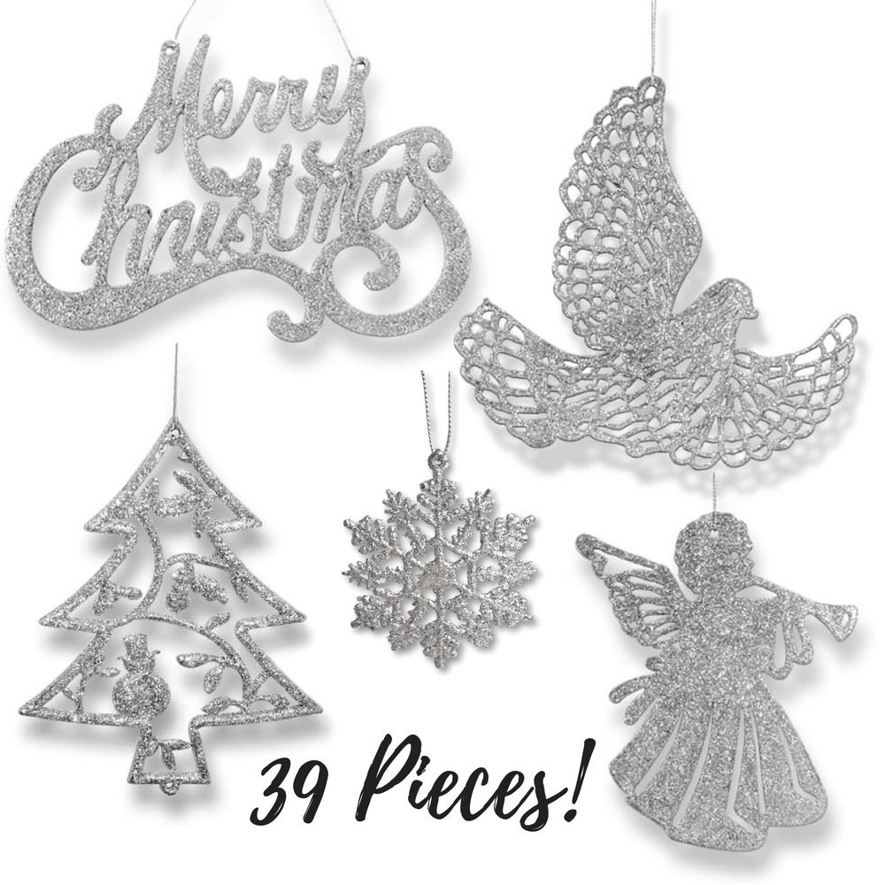 Silver Christmas Glitter Ornaments Pack Of 39 — WholeStuff