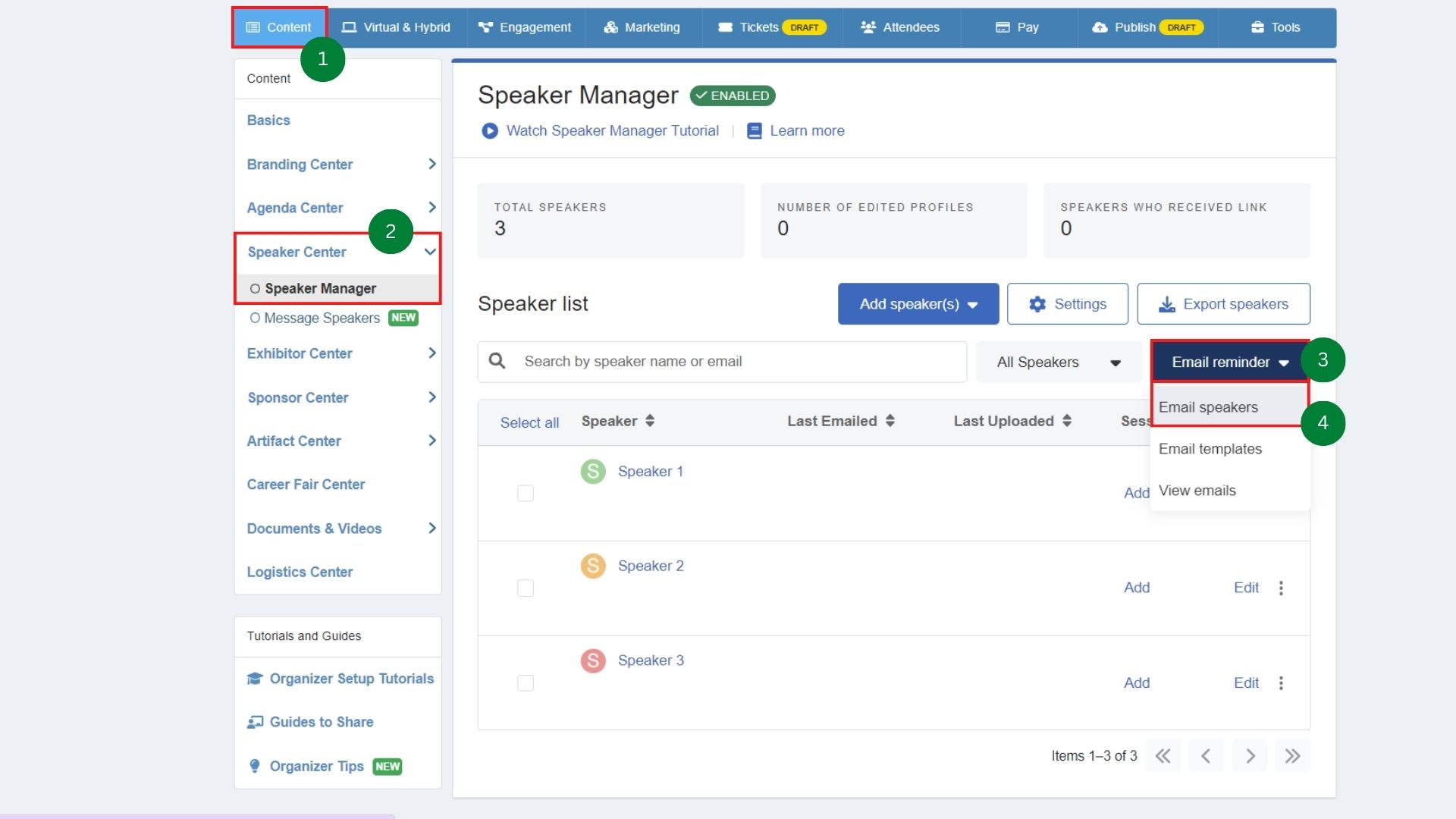 How do I send emails to Speakers? Help Center