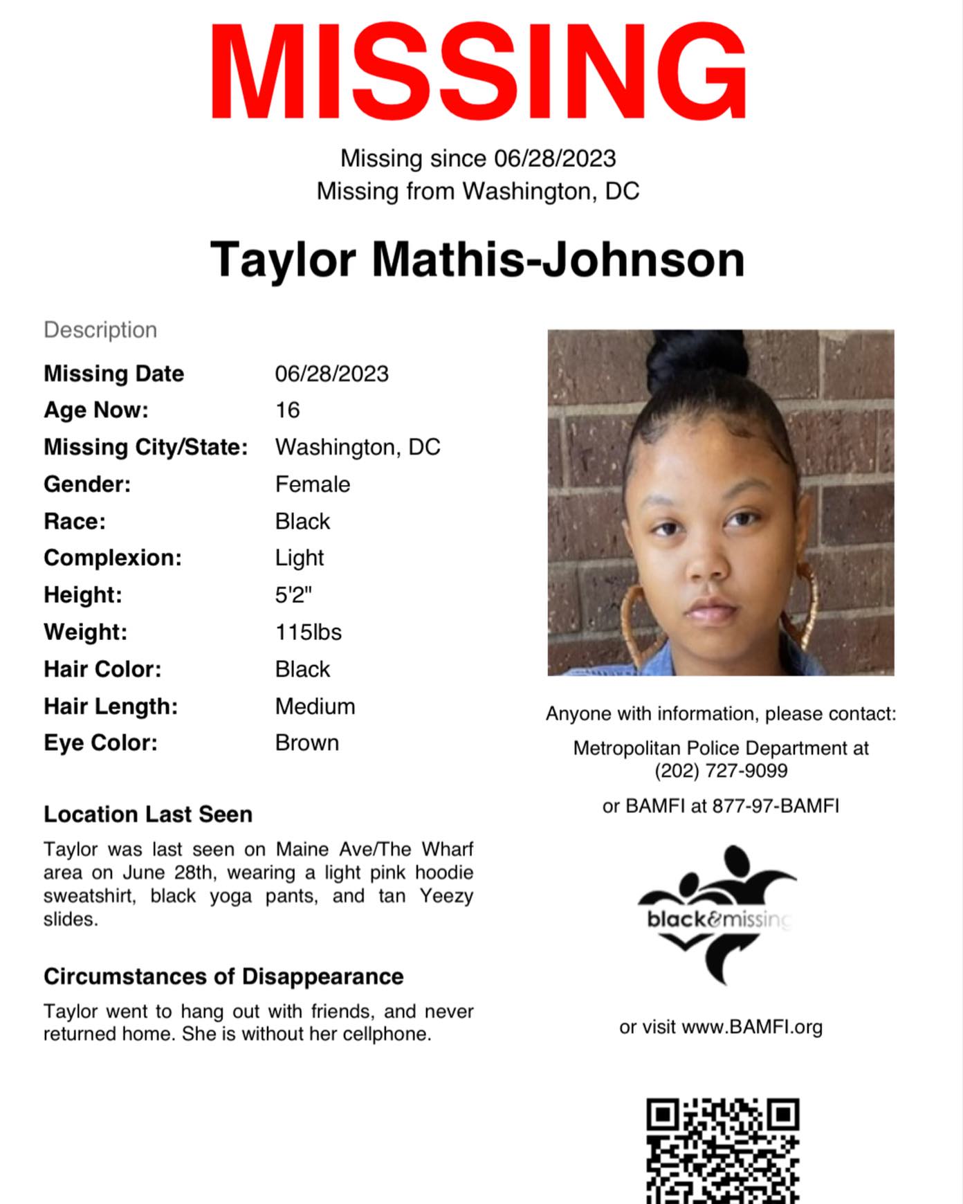 Taylor MathisJohnson Last Seen Taking Out The Trash DC 16 YearOld