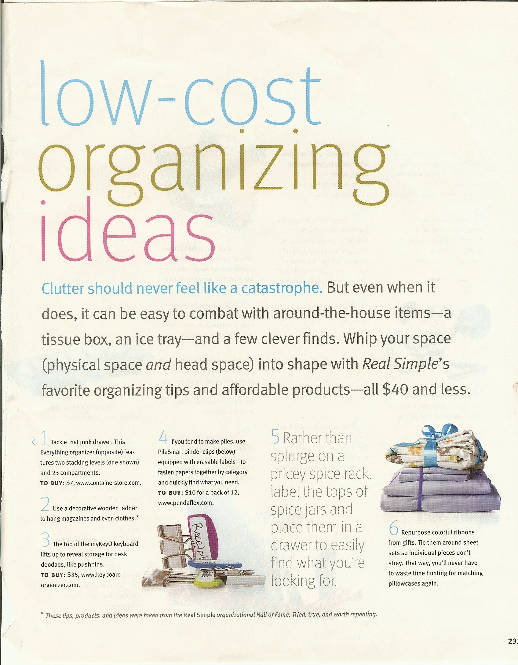 Keeper Article 99 LowCost Organizing Ideas from Real Simple March