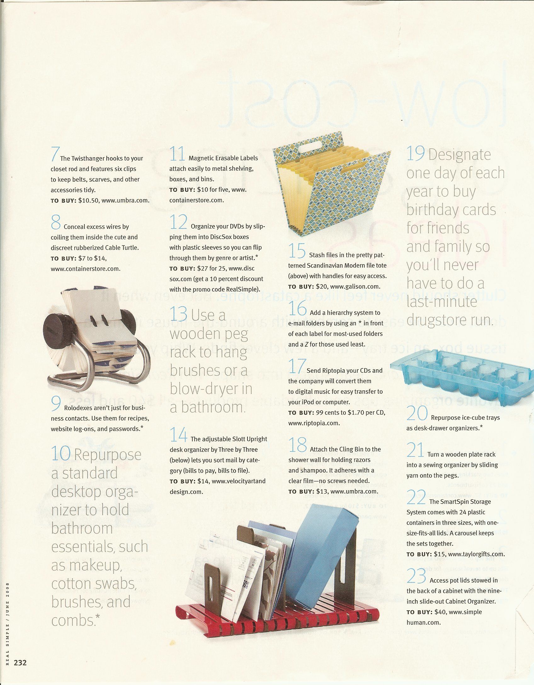 Keeper Article 99 LowCost Organizing Ideas from Real Simple March