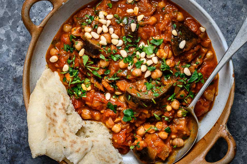 Aubergine Chickpea Stew Recipe with Fresh Flatbreads