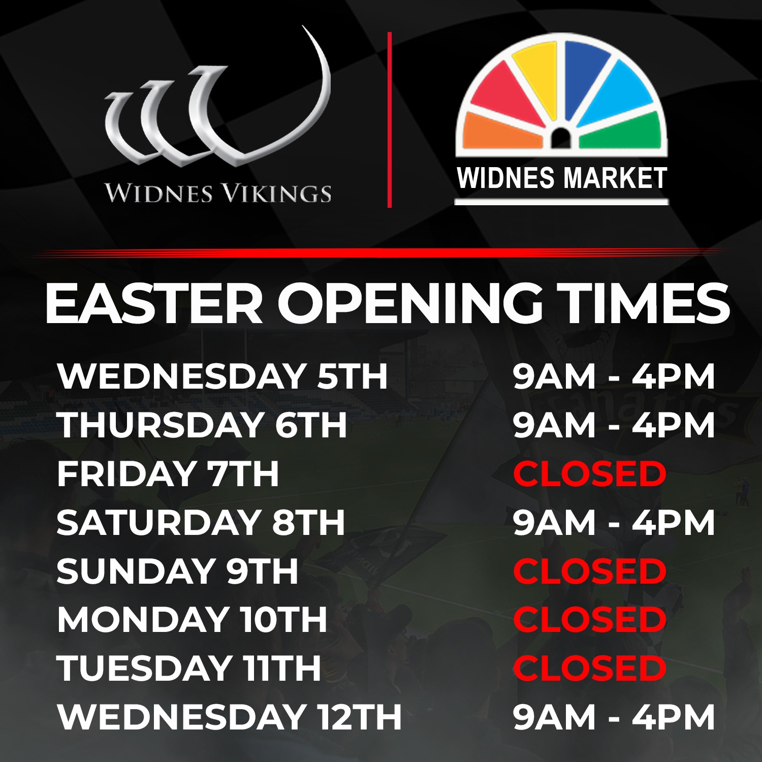 Club shop Easter opening hours Widnes Vikings