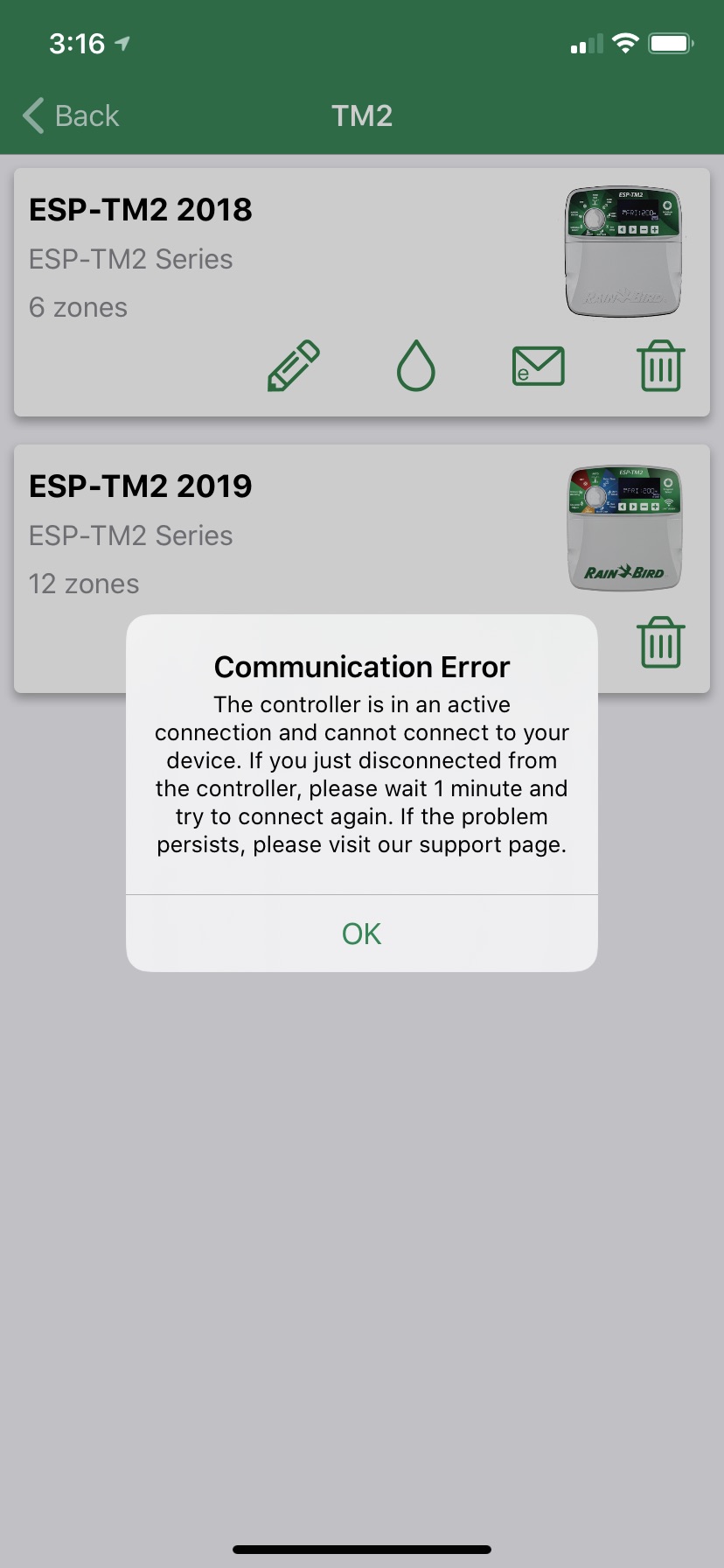 Communication Error: Active connection - Rain Bird Connected Device Support