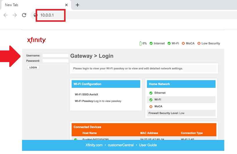 10.0.0.1 10.0.0.0.1 Xfinity default Login Password