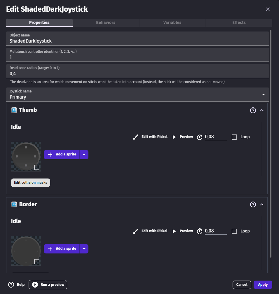 Multitouch Joystick GDevelop documentation