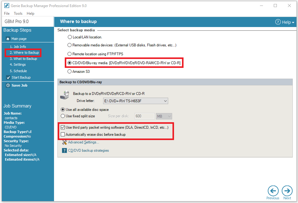 Using Third Party Packet Writing Software with Genie Backup Manager
