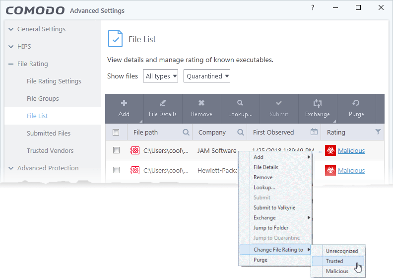 How to manage quarantined items using the ‘File List’ in CCS Windows