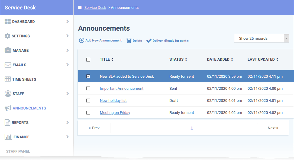 How to create and send announcements to Service Desk staff