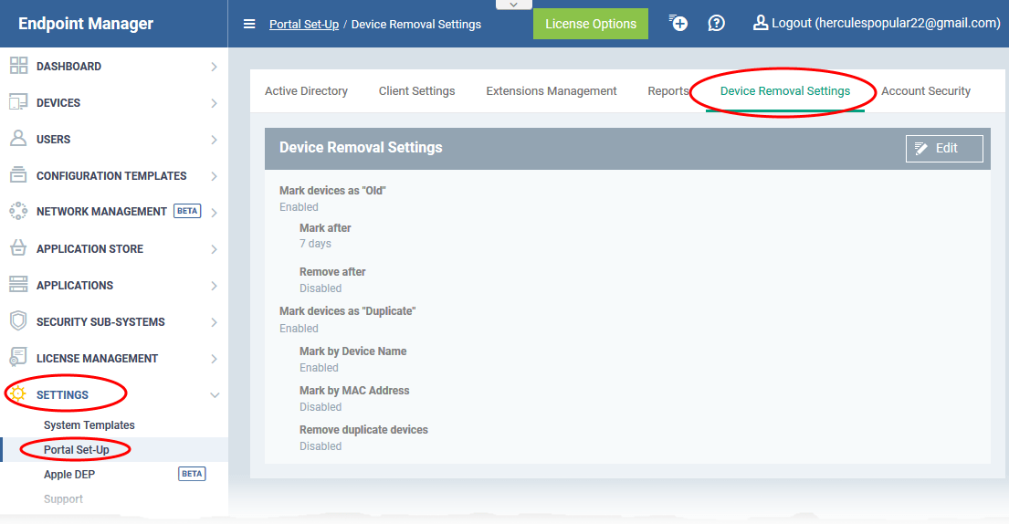 How to configure removal options for inactive and duplicate devices