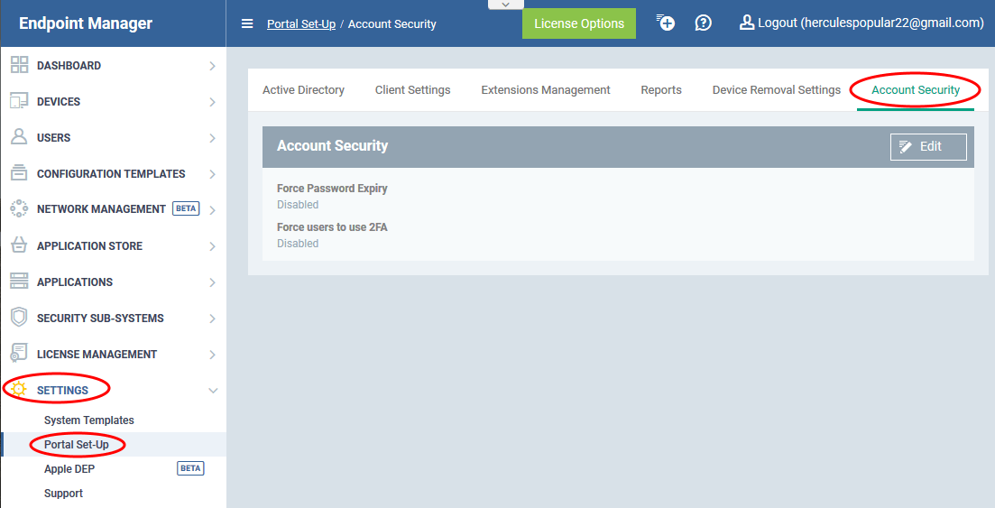 How to set password and twofactor authentication options in Endpoint