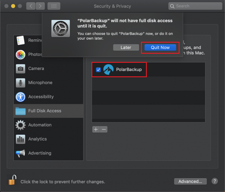 Polarbackup Wiki How to grant Polarbackup access to Full Disk on