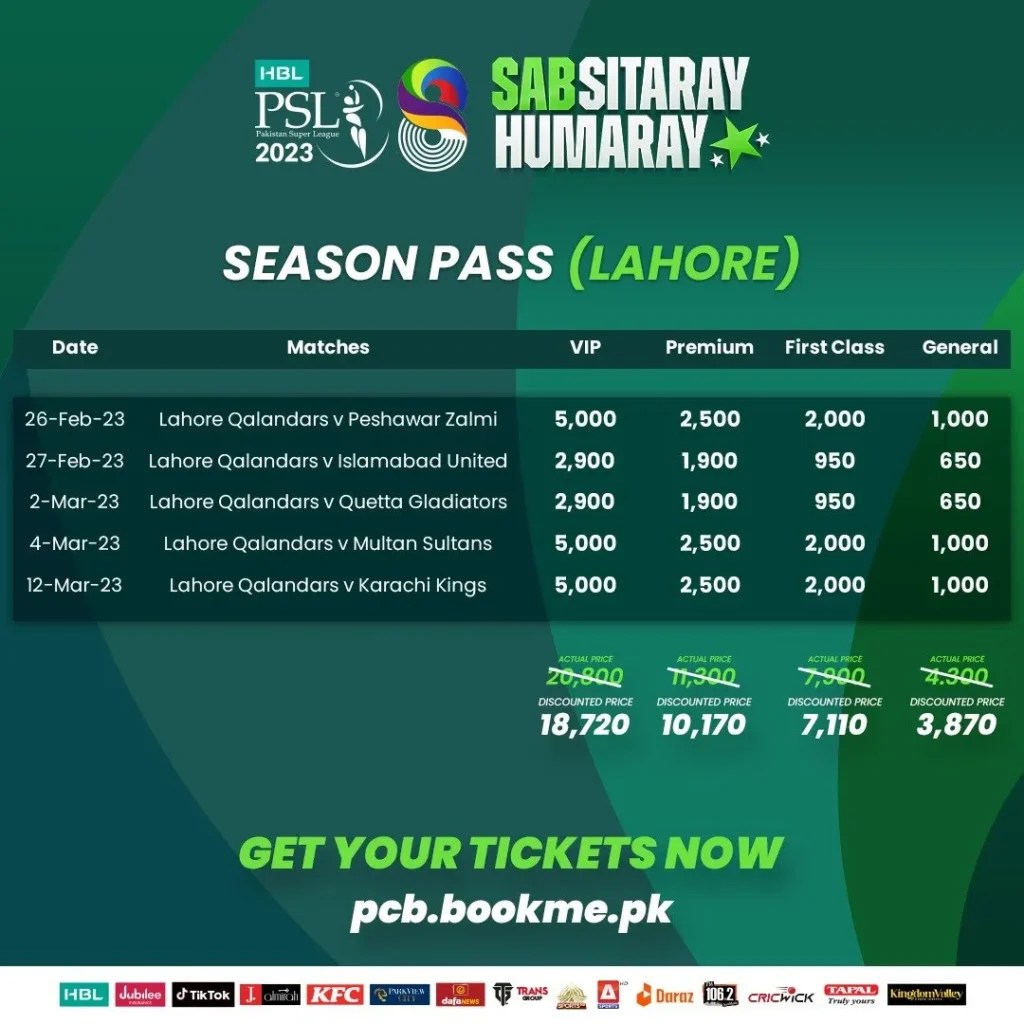 psl 8 tickets season pass lahore