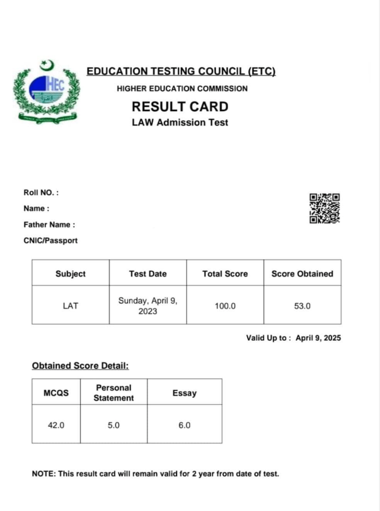 9th April HEC LAT Result 2023 by Roll Number etc.hec.gov.pk