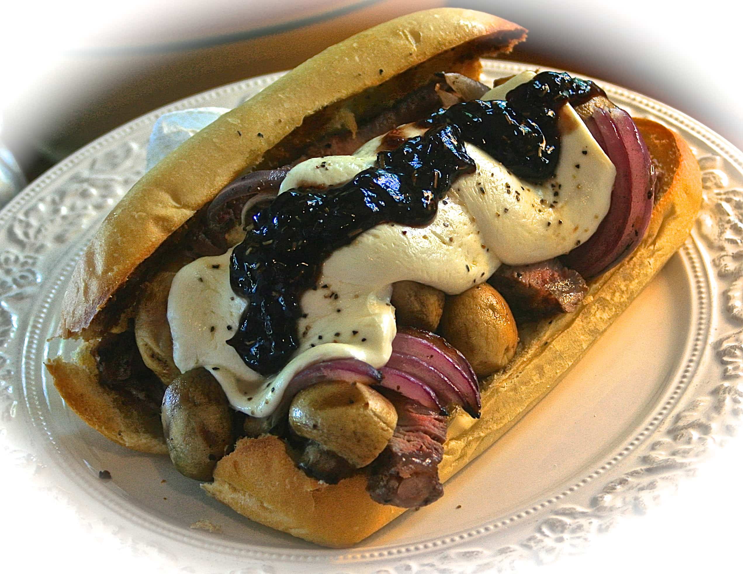 Grilled Ribeye Steakhouse Hoagies with Sweet Roasted Garlic & Black