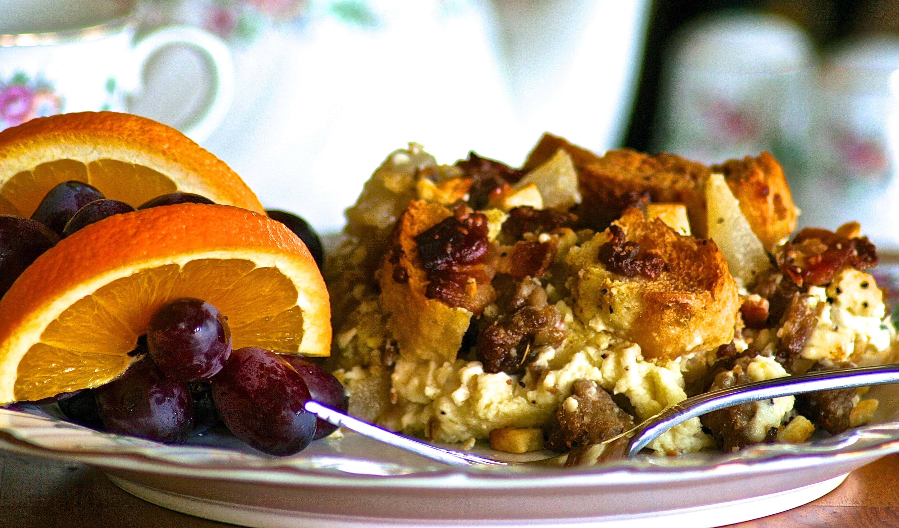 Savory Bread Pudding with Sausage, Bacon, Bosc Pears & Blue Cheese
