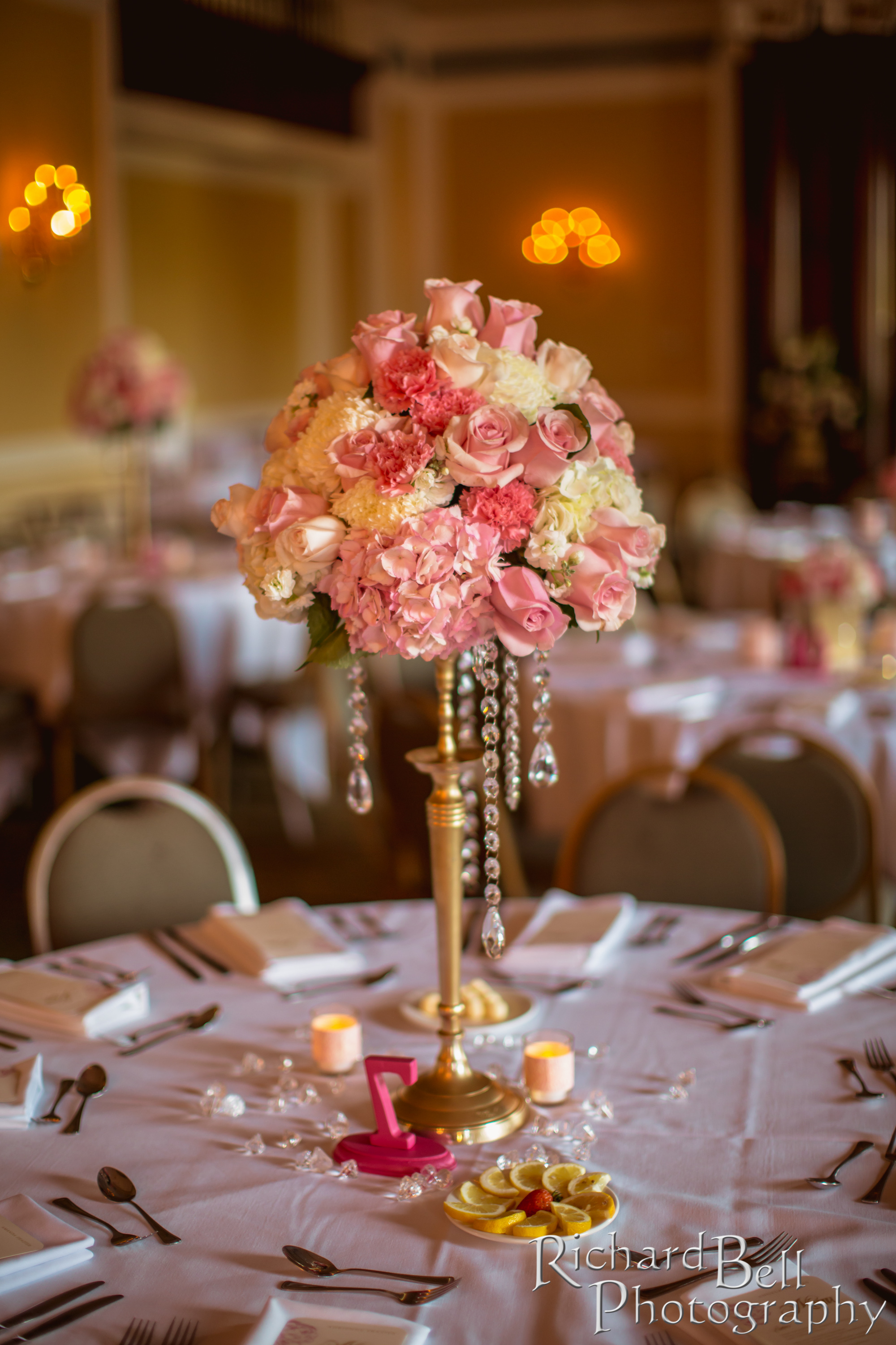 Gold Candelabra with Flowers and Crystals