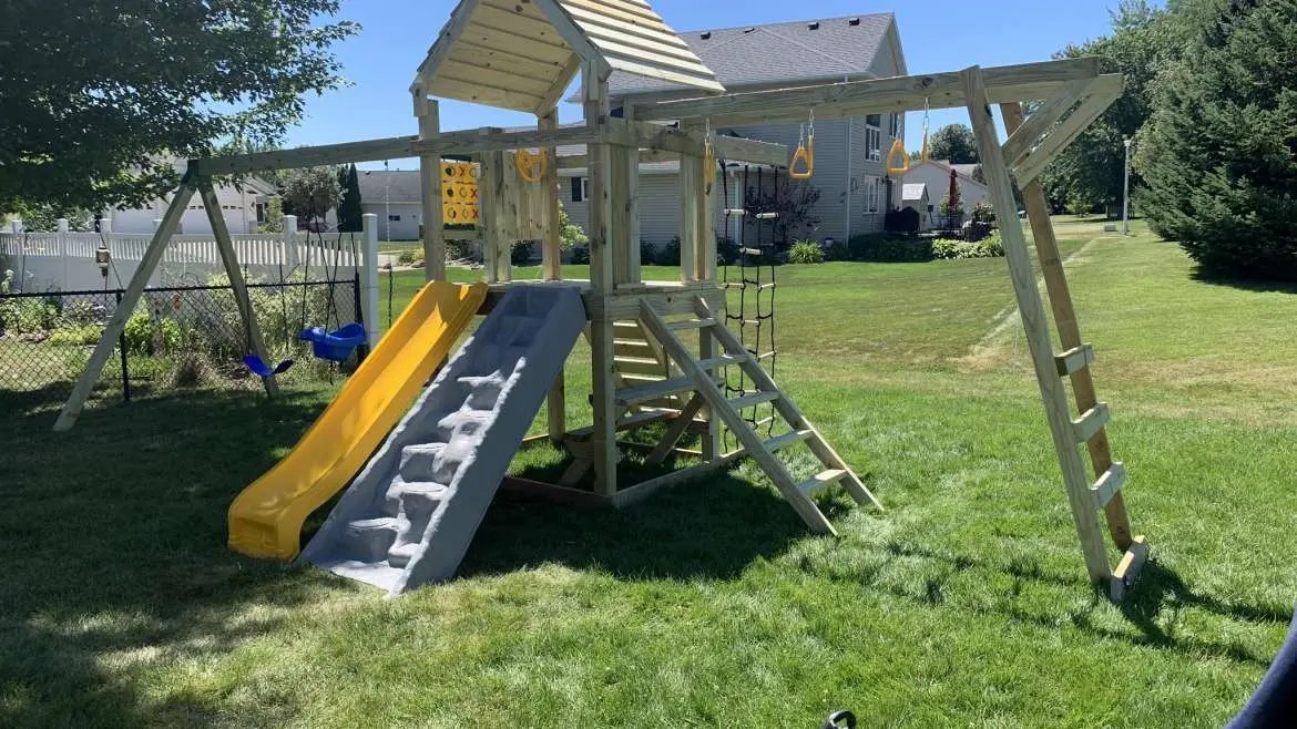 Super Swinger Playset+Monkey Bars, Wood Roof, Tic Tac Toe, Wood & Rock