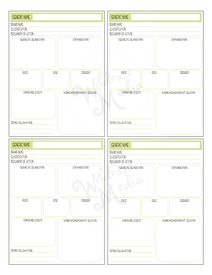 Nursing Student Pharmacology Flash Card Templates Wildrose Media