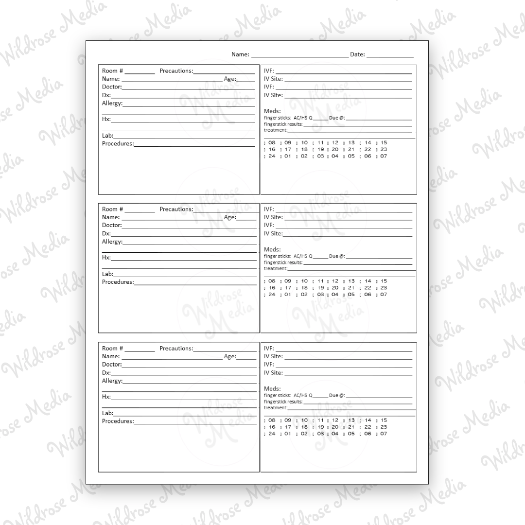 Nurse Shift Report Sheet A up to 3 patients Wildrose Media