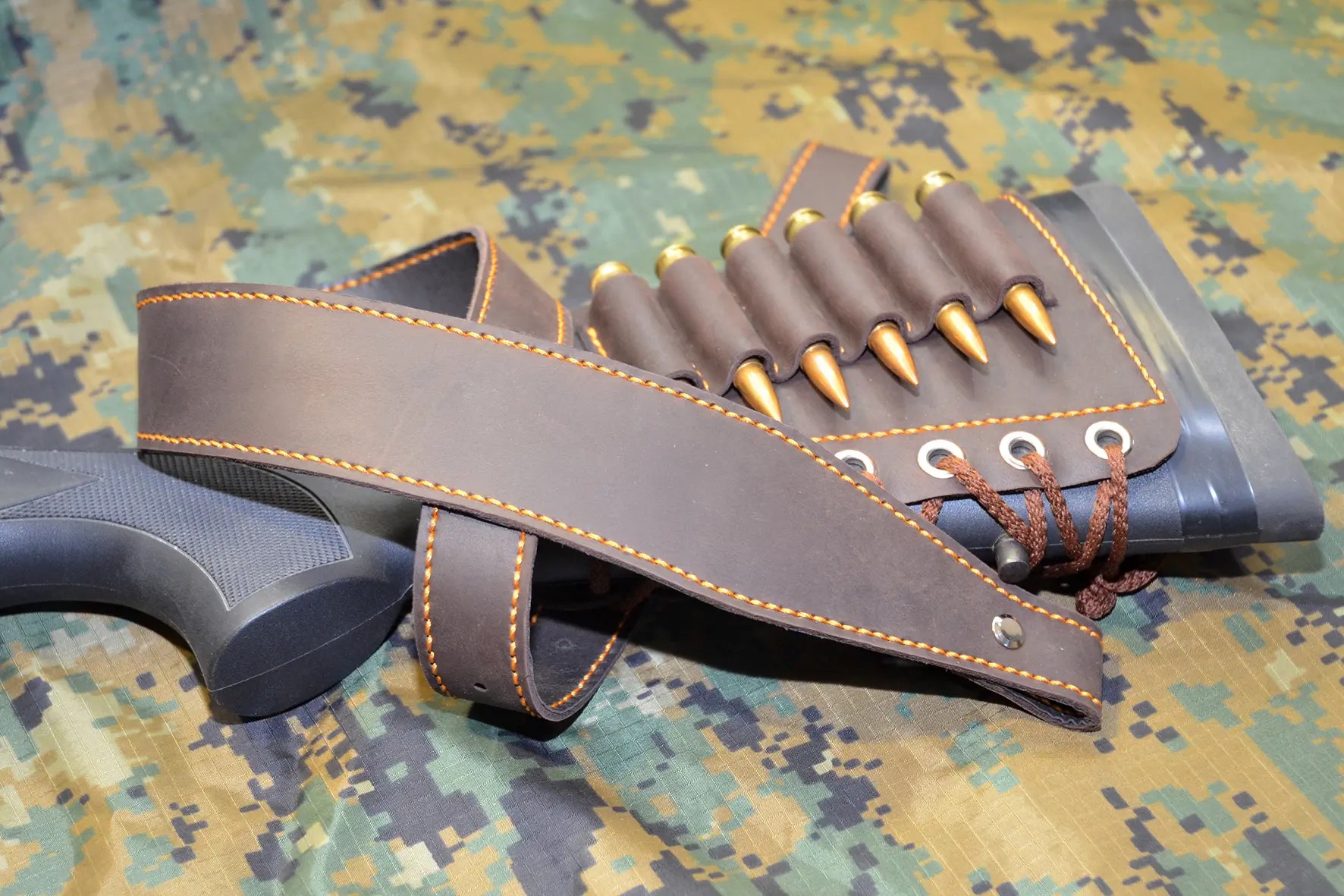 Leather SET Rifle buttstock cartridge holder and Matching Rifle Sling