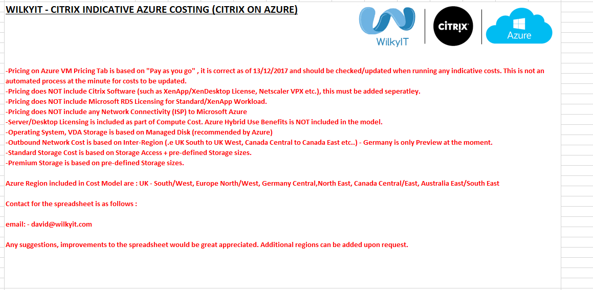 Cost Calculator spreadsheet for Citrix Cloud + Azure & Citrix on Azure