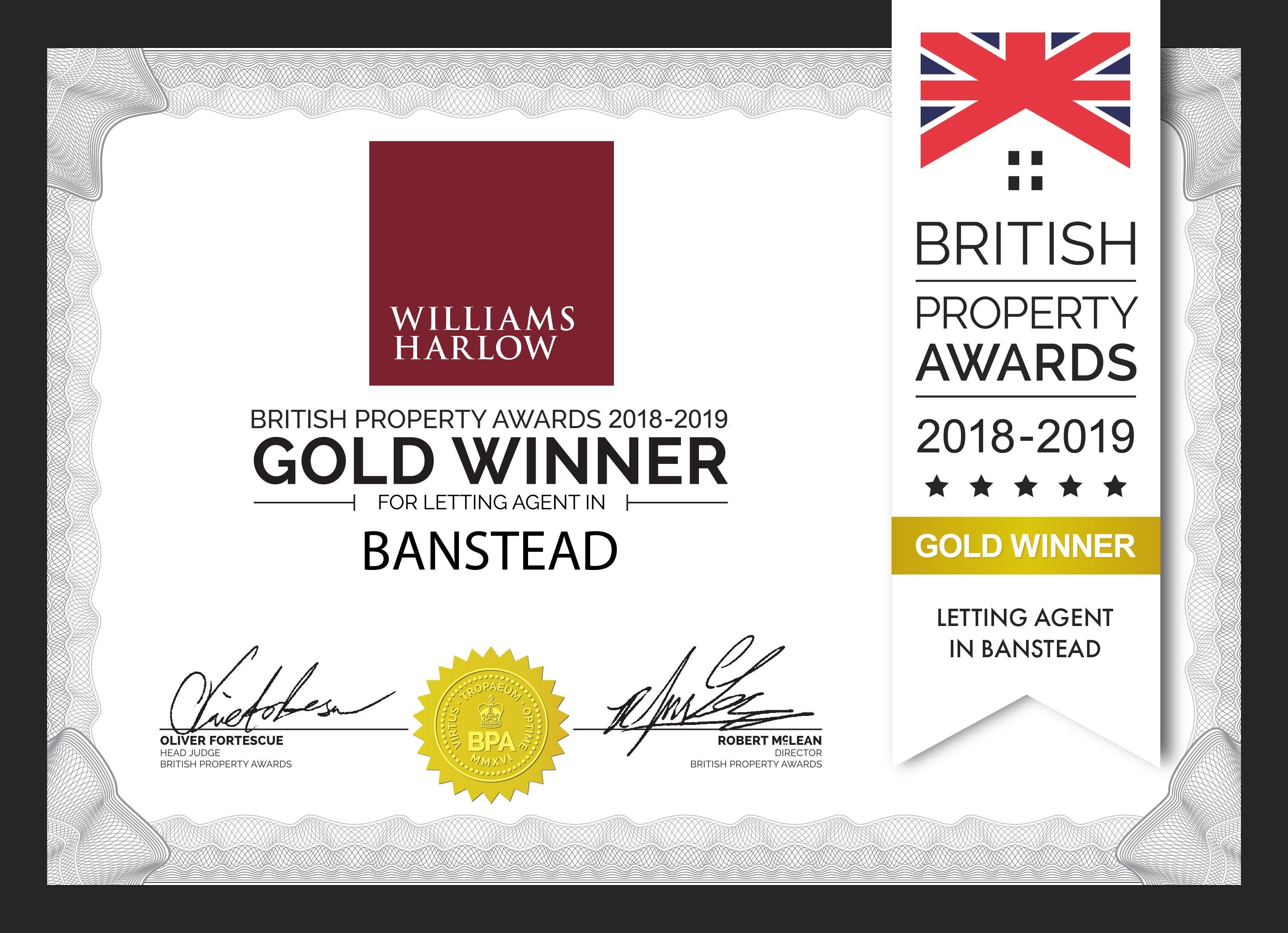 Certificate Williams Harlow Estate Agents Cheam & Banstead