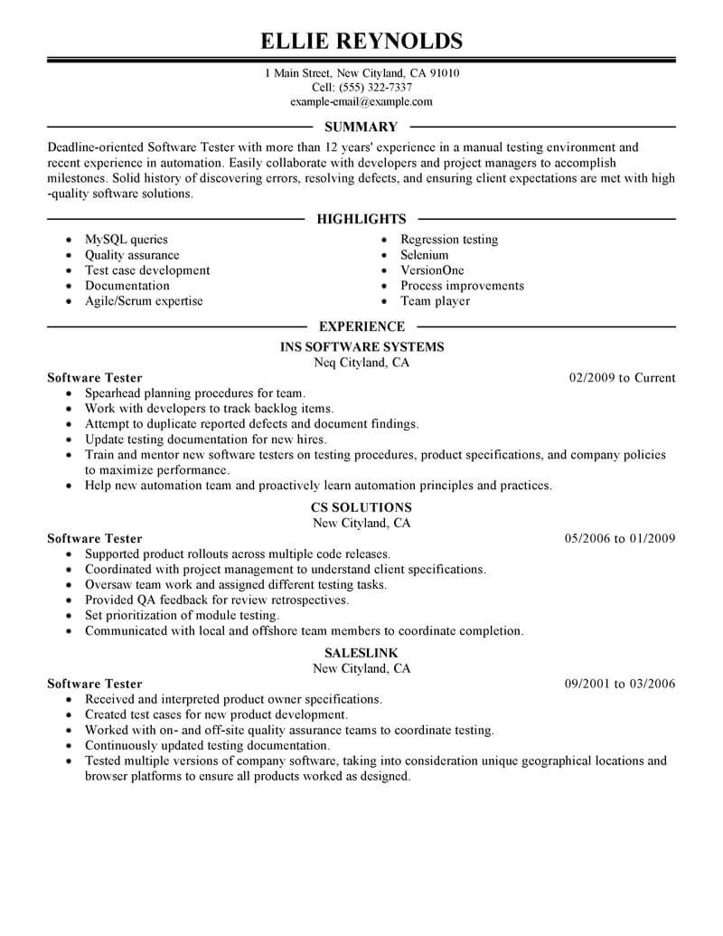 Software Testing Resume Samples for 1 Year Experience Best software