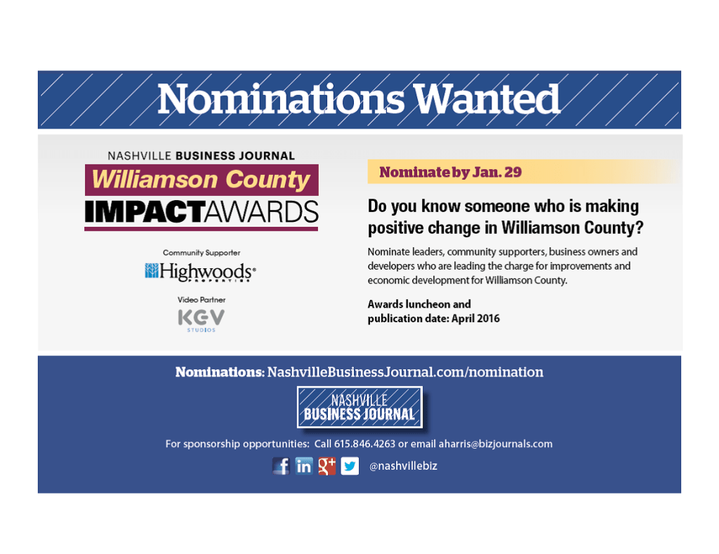 Nominate a business leader for an NBJ Williamson County Impact Award