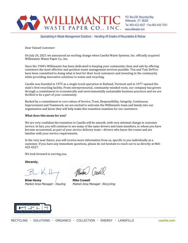casella waste holiday schedule 2023 Announcing Our Transition to Casella Waste Systems Willimantic Waste