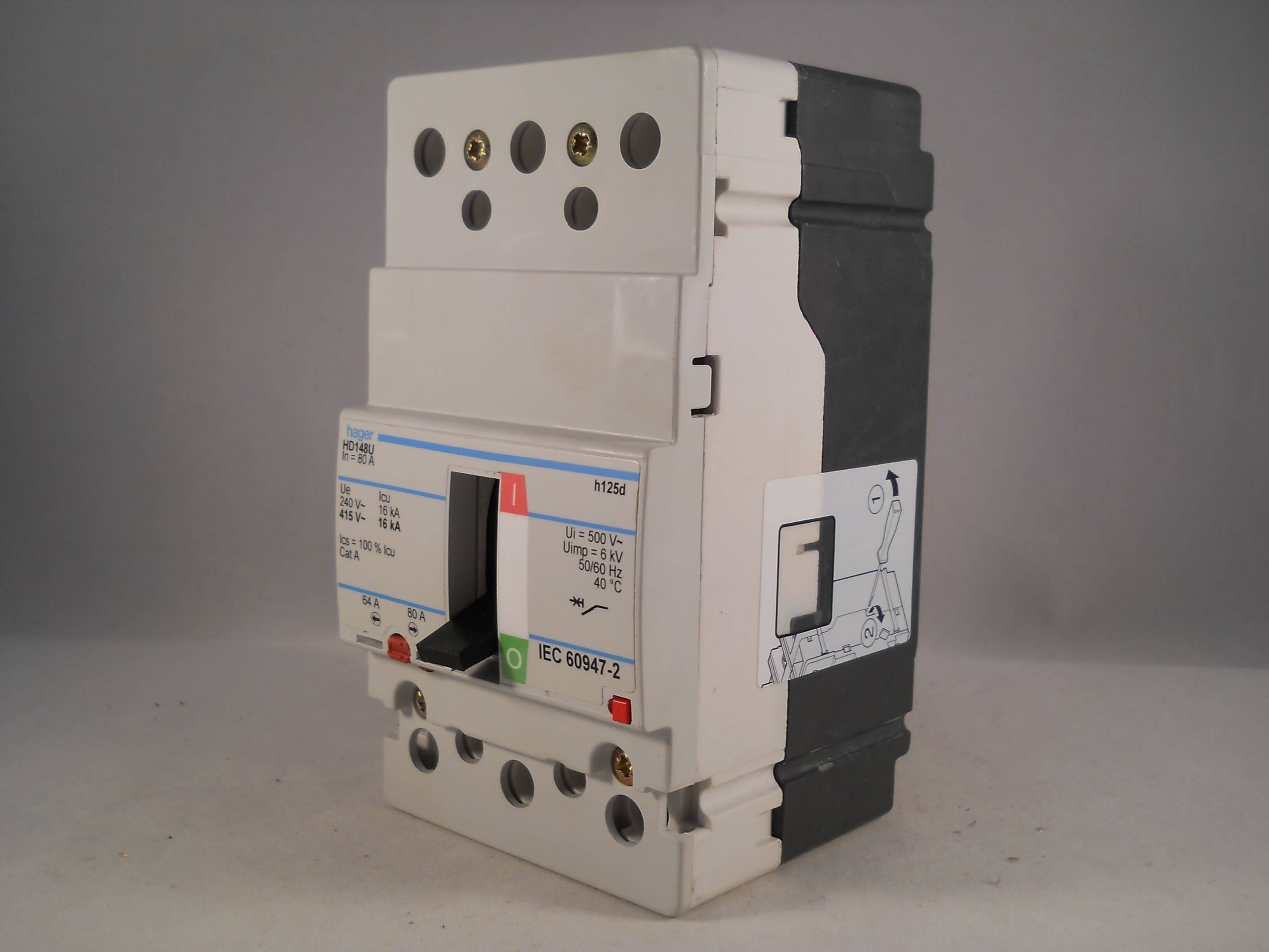 Hager MCCB 80 Amp Triple Pole 80A 3 Phase Breaker H125D HD148U NEW